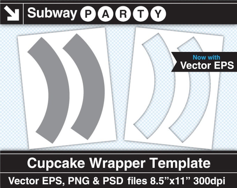 Pu&ograve; includere: Due modelli di involucro per cupcake grigi su sfondo bianco. I modelli hanno la forma di semicerchi e misurano 8,5 pollici per 11 pollici. Il testo "Subway PARTY" &egrave; nella parte superiore dell'immagine. Il testo "Now with Vector EPS" &egrave; in un riquadro bianco con un bordo grigio. Il testo "Cupcake Wrapper Template" &egrave; sotto i modelli. Il testo "Vector EPS, PNG & PSD files 8.5"x11" 300dpi" &egrave; nella parte inferiore dell'immagine.