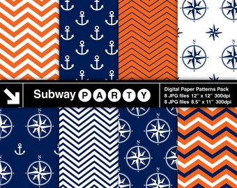 Nautical Orange, Navy Blue White Digital Papers. Chevron, Anchors, Compasses. Scrapbook / Printable Party Papers 8.5x11 & 12x12 JPG Download