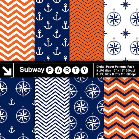 Nautical Orange, Navy Blue and White Digital Papers. Chevron, Anchors & Compasses. Scrapbook / Invite DIY 8.5x11, 12x12 jpg INSTANT DOWNLOAD Il_570xn