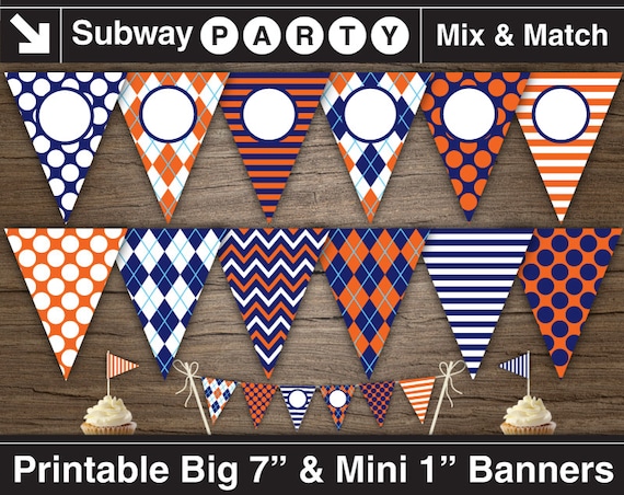 Printable Navy Blue and Orange Birthday Party Banner & Mini Cake Bunting. Argyle, Chevron. DIY Editable Banner Blank Text. INSTANT DOWNLOAD Il_570xn