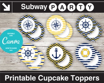 Printable Nautical Navy & Yellow 2" Party Circles and Squares / Cupcake Toppers / Blank Labels, Tags. Add Your Own Text DIY INSTANT DOWNLOAD