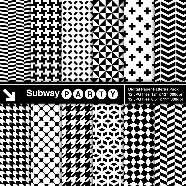 Puede incluir: Un conjunto de 12 patrones de papel digital en blanco y negro con dise&ntilde;os geom&eacute;tricos. Los patrones incluyen rayas, lunares, pata de gallo, tri&aacute;ngulos, rombos y chevrones. El texto "Subway PARTY" est&aacute; en la parte superior de la imagen.