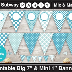 May include: Printable party banner set with blue and white polka dot, striped, and solid patterns. The banner includes large 7 inch and small 1 inch flags. The banner is editable with Canva.