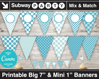 Printable Boy Baby Shower Banner & Mini Cake Bunting. Aqua Blue Stripes and Polka Dots. DIY Editable Banner. Blank Text. INSTANT DOWNLOAD.