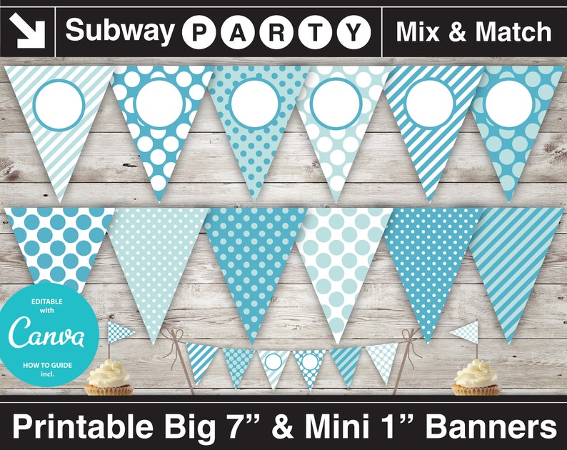 May include: Printable party banner set with blue and white polka dot, striped, and solid patterns. The banner includes large 7 inch and small 1 inch flags. The banner is editable with Canva.