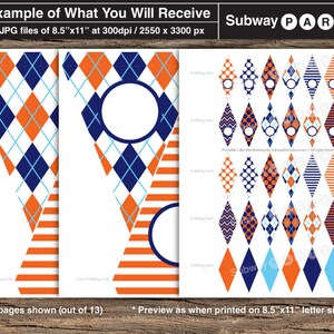 May include: Printable cake bunting with a subway theme. The bunting is made up of 13 individual flags, each with a different pattern in orange, blue, and white. The flags are designed to be cut out and strung together to create a banner.