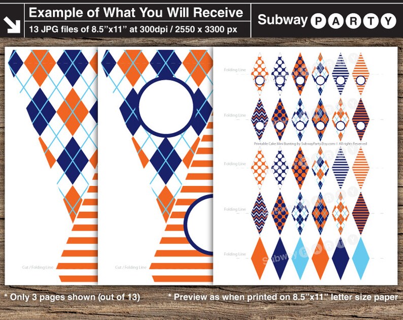 May include: Printable cake bunting with a subway theme. The bunting is made up of 13 individual flags, each with a different pattern in orange, blue, and white. The flags are designed to be cut out and strung together to create a banner.