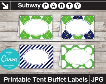 Golf Party Food Labels. Navy Blue, Green Argyle, Stripes & Golf Balls. Printable Table Tents / Editable Buffet Cards INSTANT DOWNLOAD