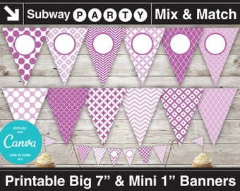 Printable Purple Orchid Party Banner & Mini Cake Bunting. Retro Mod Chevron. DIY Blank Text Editable Banner INSTANT DOWNLOAD.