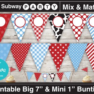 May include: Printable bunting flags in red, white, and blue with various patterns, including gingham, polka dots, stars, and stripes. The flags are 7 inches tall and come with smaller 1 inch flags. The bunting is editable with Canva and includes a how-to guide.