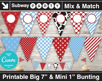 Printable Cowboy Party Banner and Mini Cake Bunting. Red, Baby Blue, Black Cow Print. DIY Editable Banner Blank. Jpg INSTANT DOWNLOAD