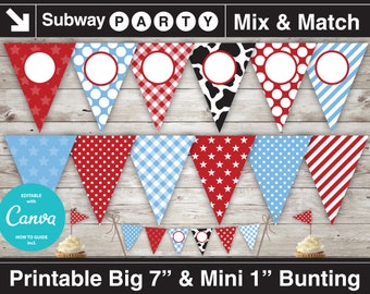 Printable Cowboy Party Banner and Mini Cake Bunting. Red, Baby Blue, Black Cow Print. DIY Editable Banner Blank. Jpg INSTANT DOWNLOAD