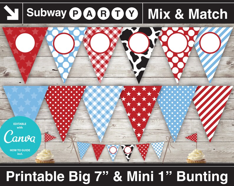 May include: Printable bunting flags in red, white, and blue with various patterns, including gingham, polka dots, stars, and stripes. The flags are 7 inches tall and come with smaller 1 inch flags. The bunting is editable with Canva and includes a how-to guide.
