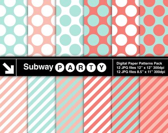 Mint Coral Polka Dots and Stripes Digital Papers. Peach Pink Mint Jumbo Dots. Scrapbook / Invites DIY 8.5x11 12x12 jpg INSTANT DOWNLOAD