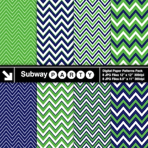 May include: A digital paper pack with eight chevron patterns in green, white, and navy blue. The patterns are 12 inches by 12 inches and 8.5 inches by 11 inches. The pack is labeled "Subway PARTY".