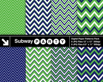 Navy Blue and Green Chevron Digital Papers in Thick and Thin Zigzag Stripe Scrapbook / Party Printable / CANVA Background 8.5x11 & 12x12 JPG