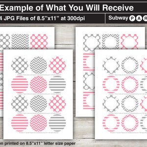 May include: Printable 8.5 x 11 inch cupcake toppers in four different patterns: pink polka dots, gray polka dots, pink chevron, and gray chevron. The printable sheets include 7 cupcake toppers per sheet.