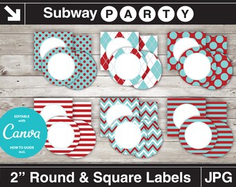 Printable Aqua Blue & Red 2" Party Circles and Squares / Cupcake Toppers / Blank Labels, Tags. Add Your Own Text DIY Jpg. INSTANT DOWNLOAD