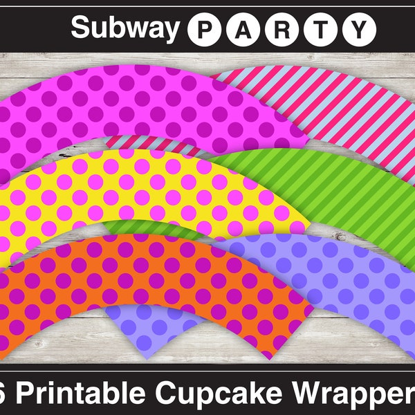 Printable Birthday Party Cupcake Wrappers in Pink, Purple, Blue, Green, Orange Polka Dots & Candy Stripes. DIY 8x11 jpg. INSTANT DOWNLOAD