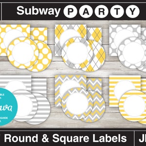 May include: Printable 2-inch round and square labels in yellow and gray with various patterns, including polka dots, stripes, and chevron. The labels are editable with Canva and include a guide for use. The text "Subway Party" is at the top of the image.