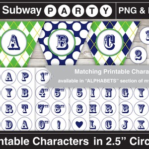 May include: Printable party banner with blue, white and green diamond pattern. The banner has the letters A, B and C. There are also printable 2.5 inch circles with letters, numbers and symbols in navy blue and white.