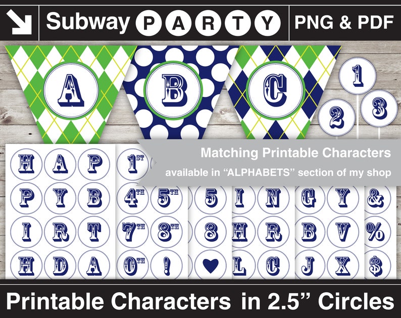 May include: Printable party banner with blue, white and green diamond pattern. The banner has the letters A, B and C. There are also printable 2.5 inch circles with letters, numbers and symbols in navy blue and white.