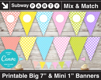 Striscione stampabile di Pasqua e mini bandierine per torte. Colori pastello a quadretti e pois. Striscione modificabile fai da te. Testo vuoto. Download immediato in formato Jpg.