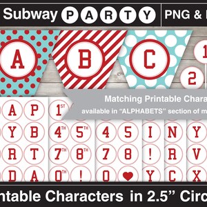 May include: Printable 2.5 inch circle cutouts with red and white letters and numbers. The letters include A, B, C, H, I, P, R, T, Y, D, and O. The numbers include 1, 2, 3, 4, 5, 7, 8, and 0. There are also symbols including a heart, exclamation point, ampersand, and dollar sign.
