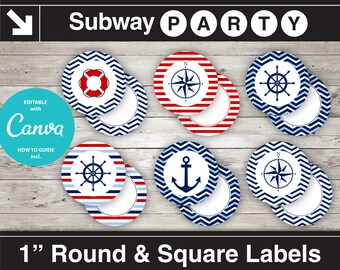 Printable Nautical 1" Round & Square Tags, Stickers, Blank Labels, Circle. Navy Blue, Red, White. Add Your Own Text DIY jpg INSTANT DOWNLOAD