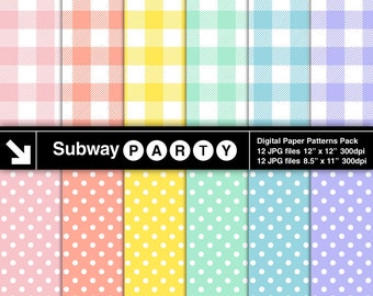 Pastel Rainbow Gingham Plaid & Polka Dots Digital Papers. Easter Scrapbook Papers / Party Printable / CANVA Background 8.5x11 / 12x12 JPG
