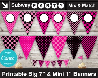 Hot Pink and Black Printable Party Banner & Mini Cake Bunting. Bachelorette Party / Sweet 16. DIY Editable Text Banner. INSTANT DOWNLOAD.