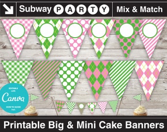 Printable Green Pink Girl Golf Party Banner and Mini Cake Bunting. Argyle, Stripes & Golf Balls. DIY Editable Banner. INSTANT DOWNLOAD.