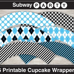 Puede incluir: Seis envoltorios para cupcakes imprimibles con diferentes patrones. Los patrones incluyen lunares azules y blancos, cuadros negros y blancos,  argyle azul y negro y rayas negras y blancas.