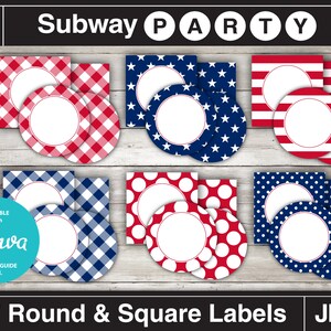 May include: Set of 2-inch round and square labels in red, white and blue gingham, polka dot and star patterns. The labels are editable with Canva and include a guide.  "Subway Party" is written at the top of the image.
