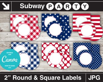Patriotic 4th of July Printable Cupcake Toppers. Party Circles & Squares 2", Blank Labels, Tags. Add Your Own Text DIY Jpg. INSTANT DOWNLOAD