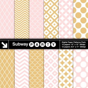 May include: A digital paper pack with 12 patterns in pink and gold. The patterns include chevron, polka dots, diamonds, and floral designs. The pack includes 12 papers that are 12 inches by 12 inches and 12 papers that are 8.5 inches by 11 inches. All papers are 300 dpi.