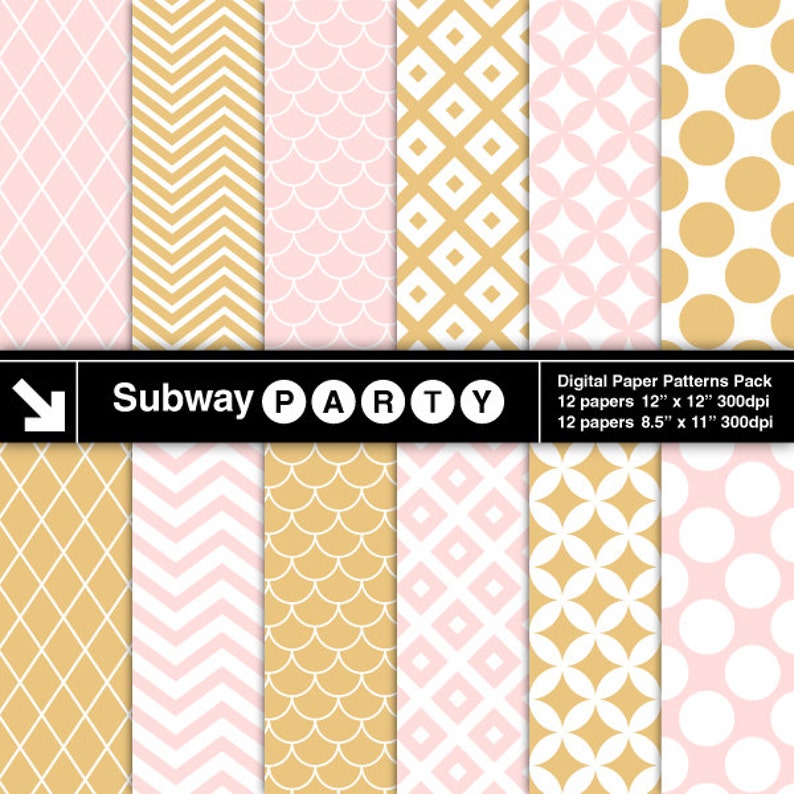 May include: A digital paper pack with 12 patterns in pink and gold. The patterns include chevron, polka dots, diamonds, and floral designs. The pack includes 12 papers that are 12 inches by 12 inches and 12 papers that are 8.5 inches by 11 inches. All papers are 300 dpi.