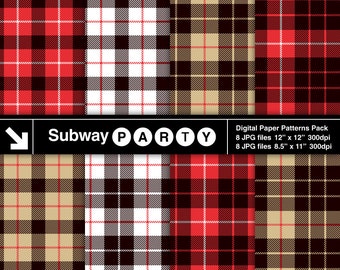 Lumberjack Flanell Tartan Schottenkaro in Rot, Schwarz, Khaki & Weiß. Invite Card DIY / Scrapbook Digital Papers 8.5x11 / 12x12 jpg SOFORT-DOWNLOAD