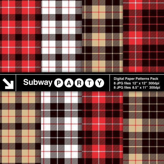 Lumberjack Flannel Tartan Plaid in Red, Black, Khaki & White. Invite Card DIY / Scrapbook Digital Papers 8.5x11 / 12x12 jpg INSTANT DOWNLOAD Il_570xn
