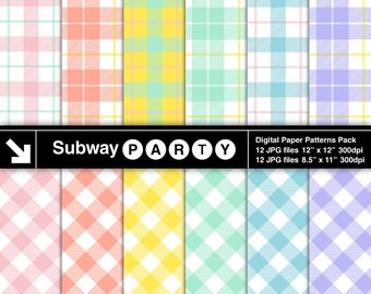Pastel Rainow Tartan Plaid and Gingham Digital Papers. Easter Scrapbook / Party Papers / Invites DIY 8.5x11, 12x12 jpg. INSTANT DOWNLOAD