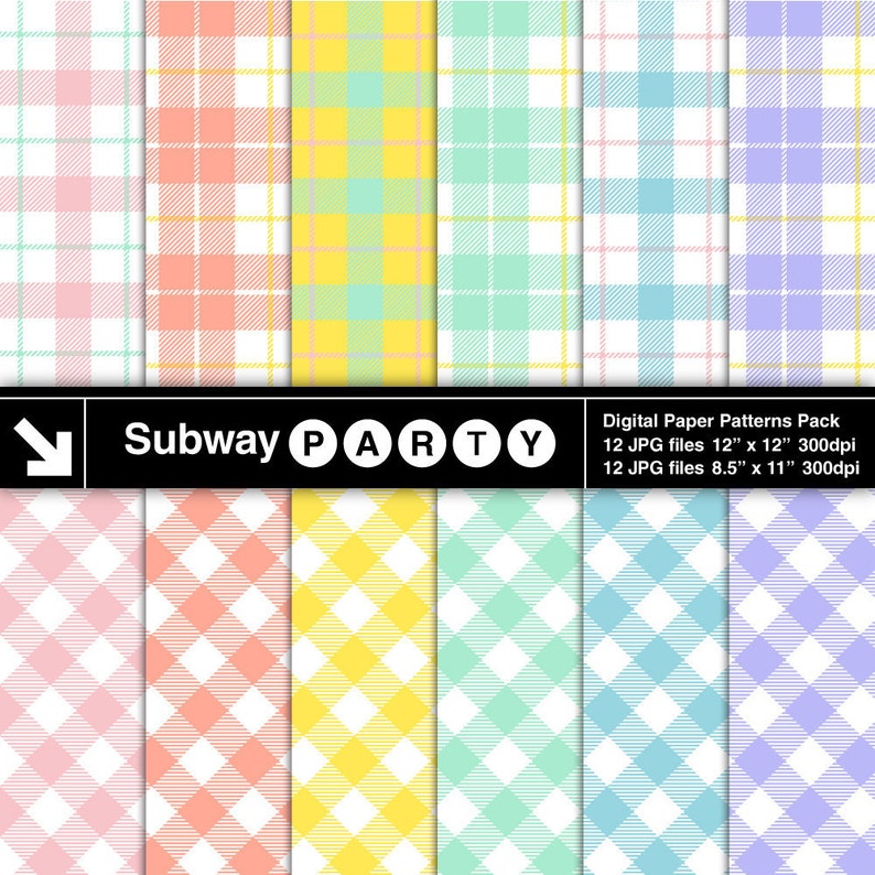 Pastel Rainow Tartan Plaid and Gingham Digital Papers. Easter Scrapbook / Party Papers / Invites DIY 8.5x11, 12x12 jpg. INSTANT DOWNLOAD image 1