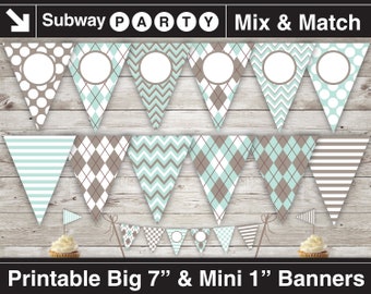Pancarta imprimible y mini banderines para pastel para baby shower de niño en tonos azul aguamarina suave y gris cálido. Diseños: chevron, rayas, rombos y puntos. DESCARGA INSTANTÁNEA.