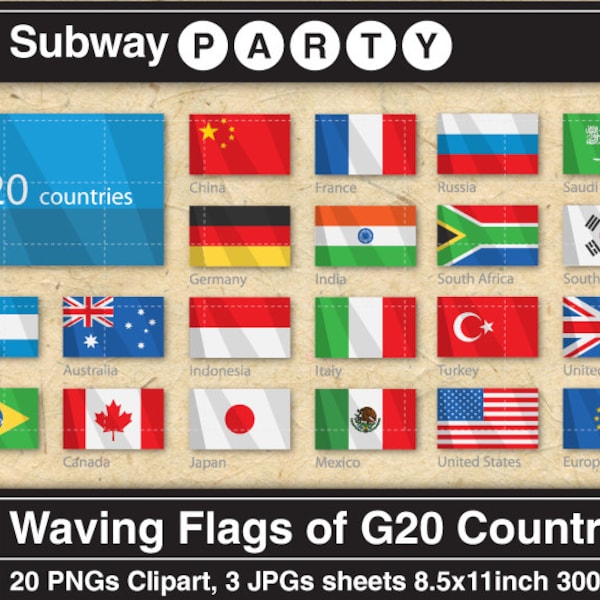 Waving Flags of G20 countries. Digital Clipart, Printable Collage Sheets, Word Wall. 20 Png / 3 Jpg 8.5x11 Letter / A4. INSTANT DOWNLOAD