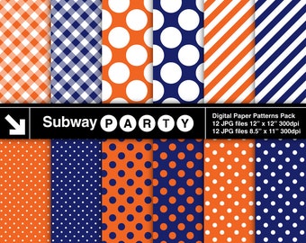 Navy Blue and Orange Digital Papers Pack in Polka Dots, Stripes, Gingham. Scrapbook / Party Printable / CANVA Background 8.5x11 & 12x12 JPG