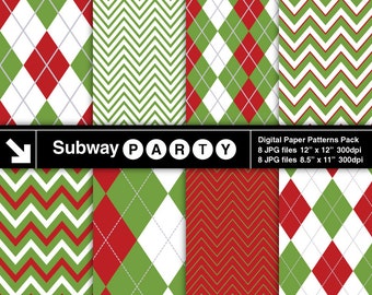 Christmas Digital Papers Pack in Green, Red & White Chevron and Argyle. Scrapbook / Xmas Card Invite DIY 8.5x11 / 12x12 jpg INSTANT DOWNLOAD