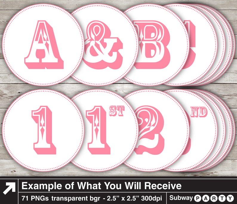 May include: Set of 71 pink and white printable circle labels with various letters and numbers. The labels are 2.5 inches in diameter and have a transparent background. The text on the labels includes "A", "&", "B", "1st", "1", "2nd", and "2".