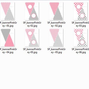 Puede incluir: Un conjunto de siete dise&ntilde;os de pancartas imprimibles en rosa y gris con diferentes patrones, incluyendo chevron, lunares y rayas. Las pancartas presentan c&iacute;rculos con contornos blancos.