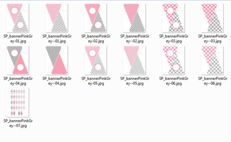 Puede incluir: Un conjunto de siete dise&ntilde;os de pancartas imprimibles en rosa y gris con diferentes patrones, incluyendo chevron, lunares y rayas. Las pancartas presentan c&iacute;rculos con contornos blancos.