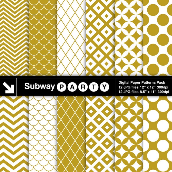 Gold and White Retro Mod Digital Papers in Diamond Lattice, Trellis, Chevron. Scrapbook / Invite DIY 8.5x11 12x12 jpg INSTANT DOWNLOAD