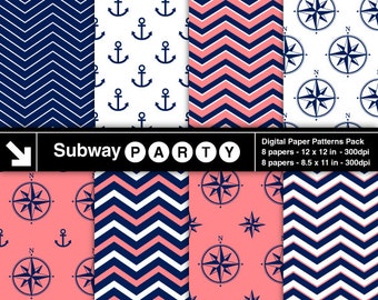 Nautical Coral, Navy Blue and White Chevron, Anchors, Compass Digital Papers Pack. Scrapbook / Invites DIY 8.5x11 12x12 jpg INSTANT DOWNLOAD